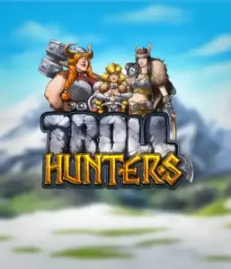 Графика игрового автомата "Troll Hunters" от Play'N Go, на котором представлены три викинга: две женщины и один мужчина, облаченные в традиционные викингские доспехи. За их спинами виднеются горные вершины, что создаёт атмосферу скандинавской мифологии. Этот игровой автомат идеален для любителей викингских саг и эпических приключений.